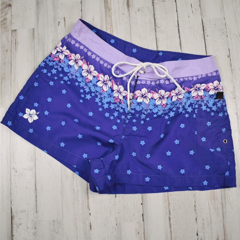 Y2K Vintage Swim Shorts Women's Small Purple Blue Tropical Floral Low Rise